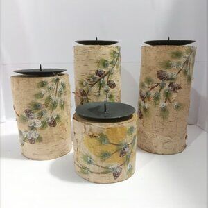 SET of 4  BIRCH Wood LOG PILLAR CANDLE HOLDERS STANDS Farmhouse Decor